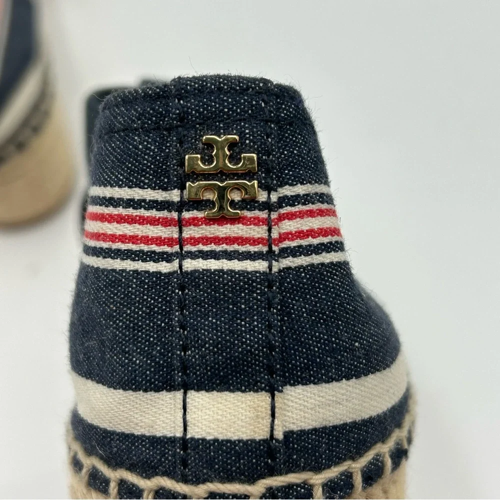 Tory Burch Catalina Espadrille Wedge Preppy Chic Striped Canvas Sandals Navy 7M